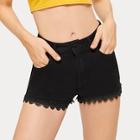 Romwe Contrast Lace Solid Button And Pocket Detail Denim Shorts