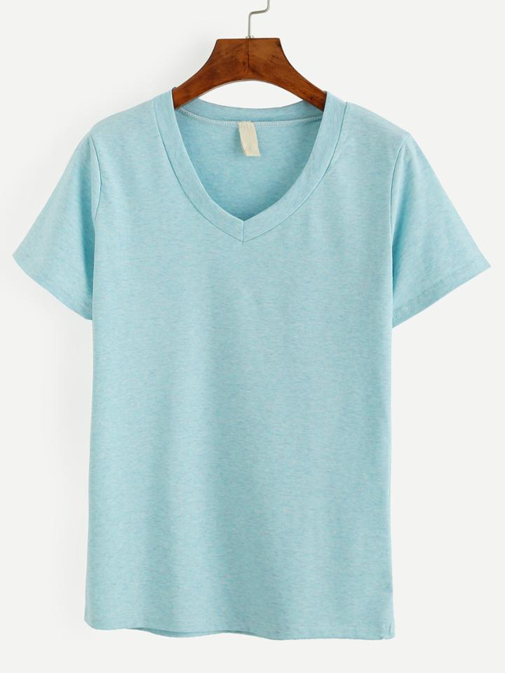 Romwe Sky Blue V Neck T-shirt