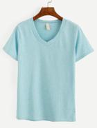 Romwe Sky Blue V Neck T-shirt