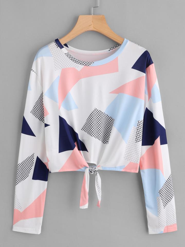 Romwe Knot Front Color Block Crop Tee