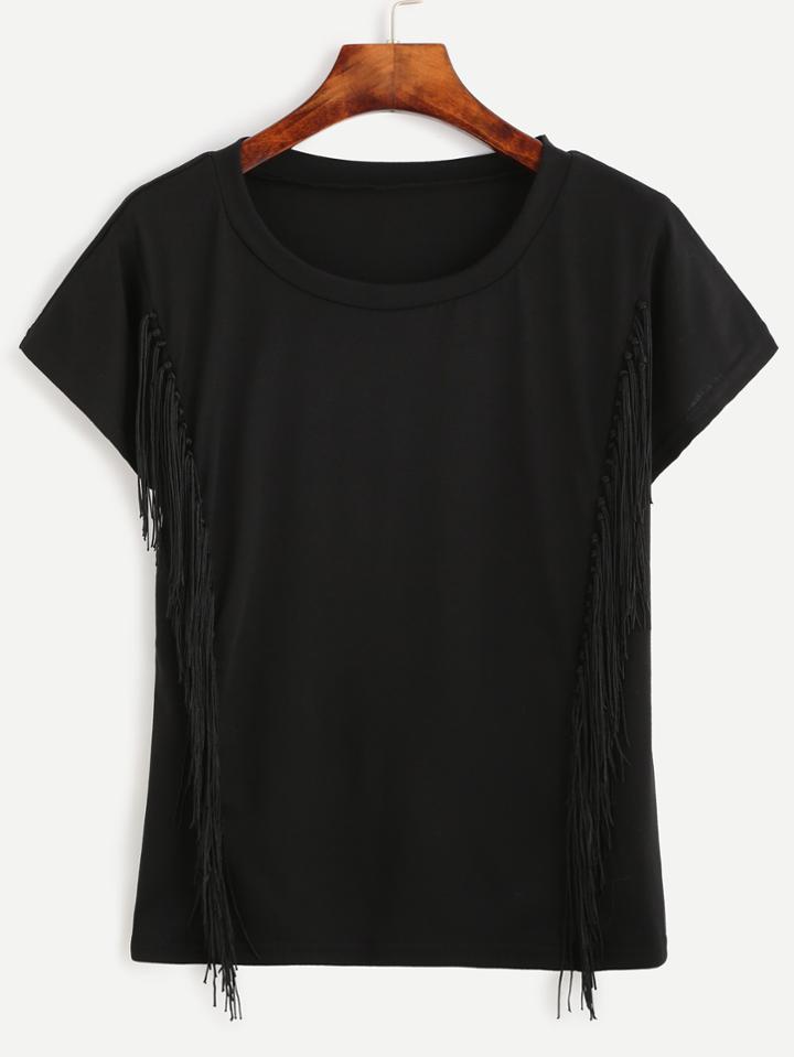 Romwe Black Knotted Fringe Detail T-shirt