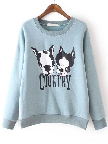 Romwe Dog Print Thicken Long Royal Blue Sweatshirt