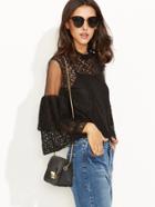 Romwe Black Lace Mesh Insert Keyhole Back Blouse With Cami Top