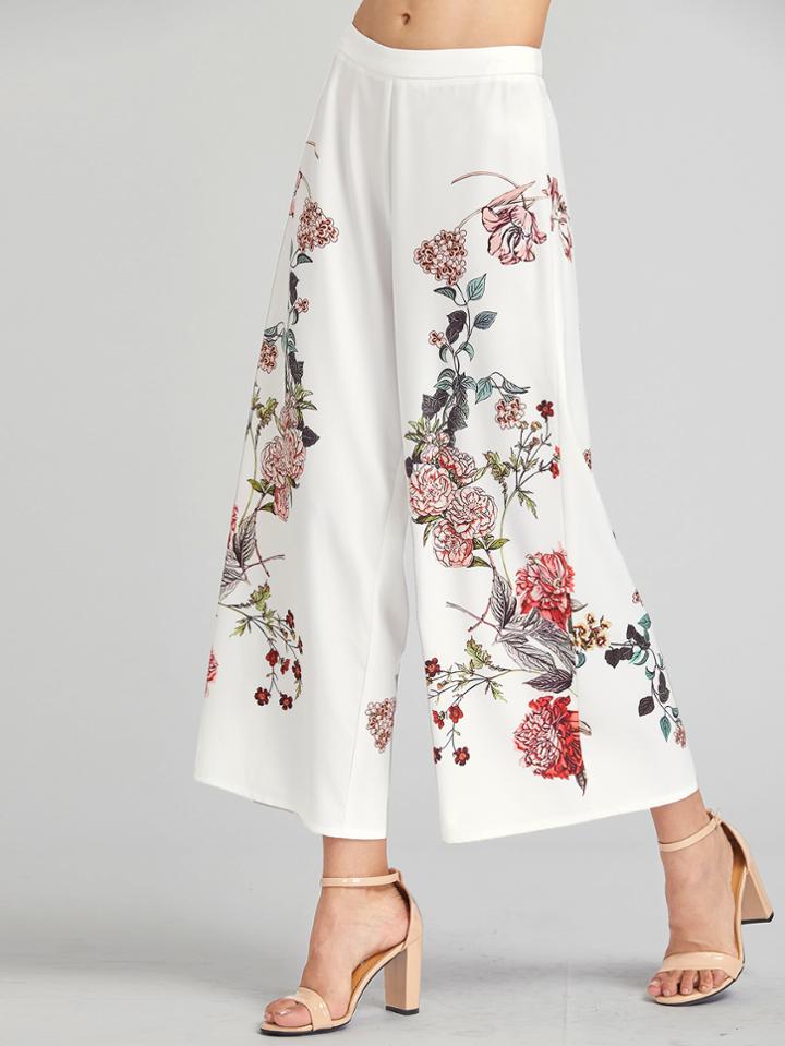Romwe Botanical Print Zip Side Wide Leg Pants