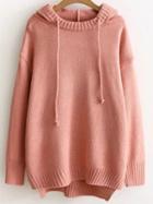 Romwe Pink Ribbed Trim Hooded High Low Sweater