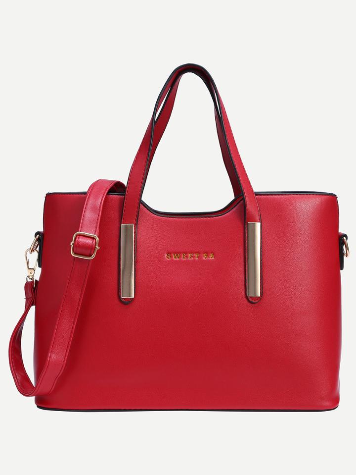 Romwe Red Metal Plate Embellished Tote Bag With Strap