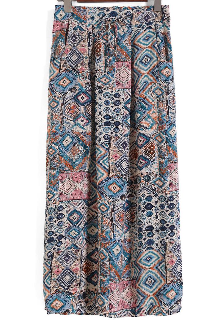 Romwe Drawstring Waist Geometric Print Long Skirt