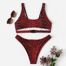 Romwe Leopard Print Cut-out Top With High Leg Bikini