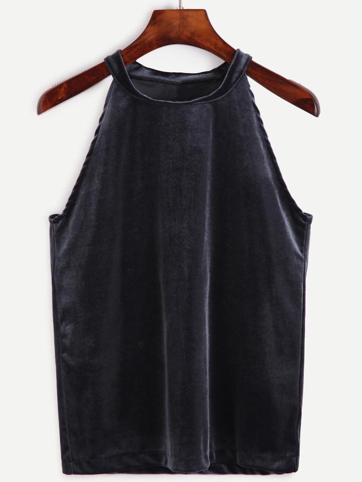 Romwe Navy Velvet Plain Top
