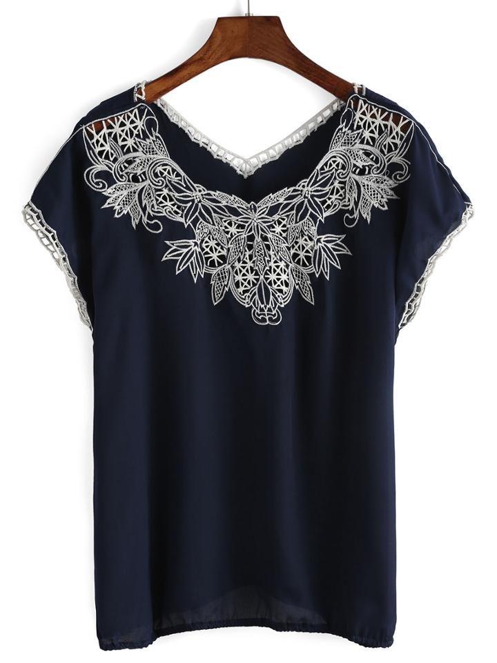 Romwe V Neck Embroidered Chiffon Shirt
