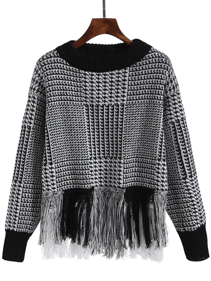 Romwe Color-block Dropped Shoulder Seam Fringe Sweater