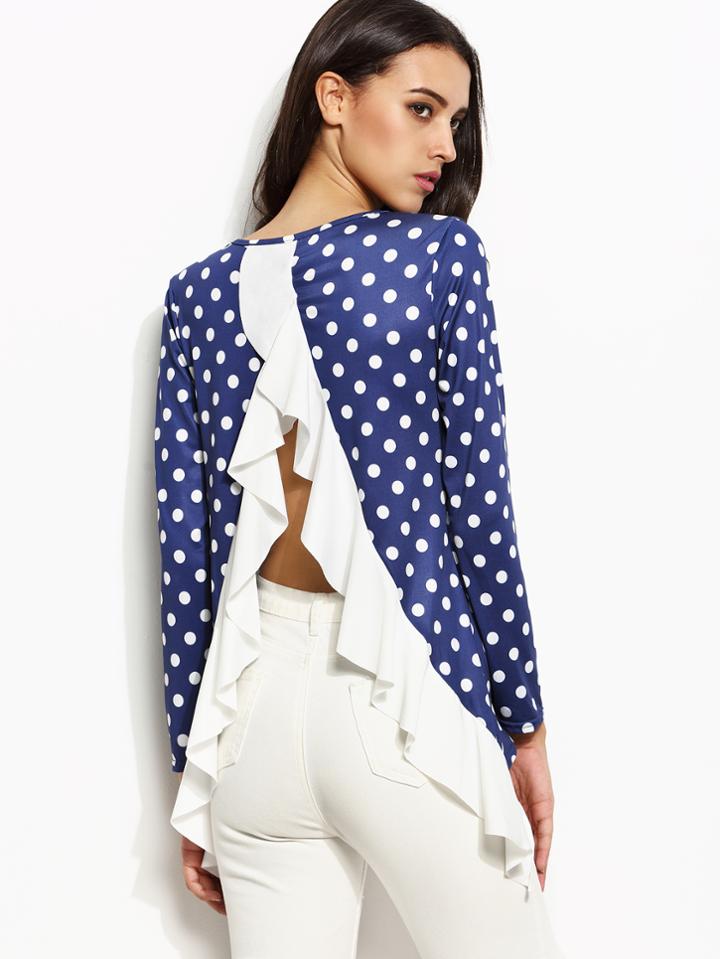 Romwe Blue Polka Dot Open Back Ruffle T-shirt