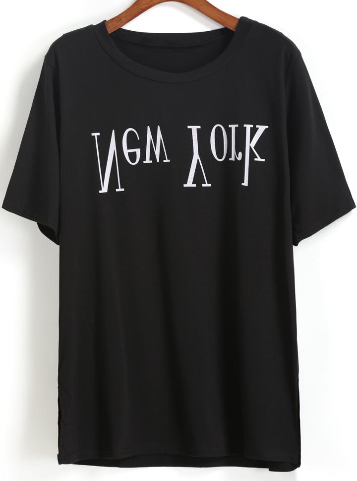 Romwe Black Short Sleeve New York Print T-shirt