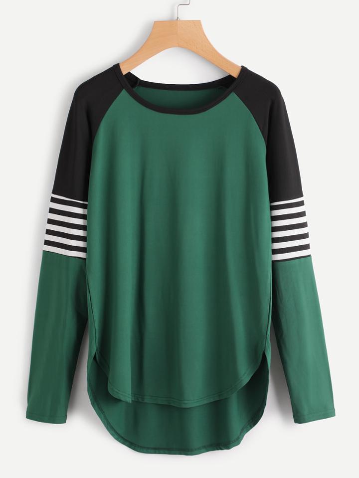 Romwe Contrast Raglan Sleeve Striped Dip Hem Tee