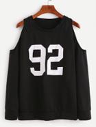 Romwe Black Number Print Open Shoulder Sweatshirt