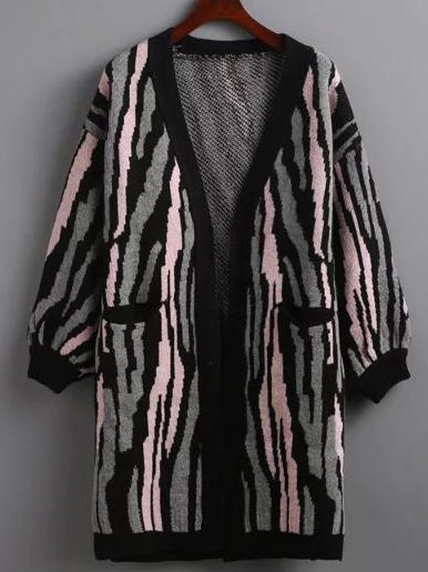 Romwe Pink Contrast Zebra Stripe Lantern Sleeve Cardigan