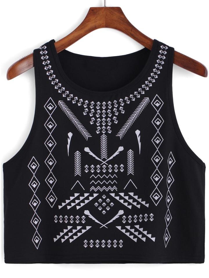 Romwe Geometric Print Black Tank Top
