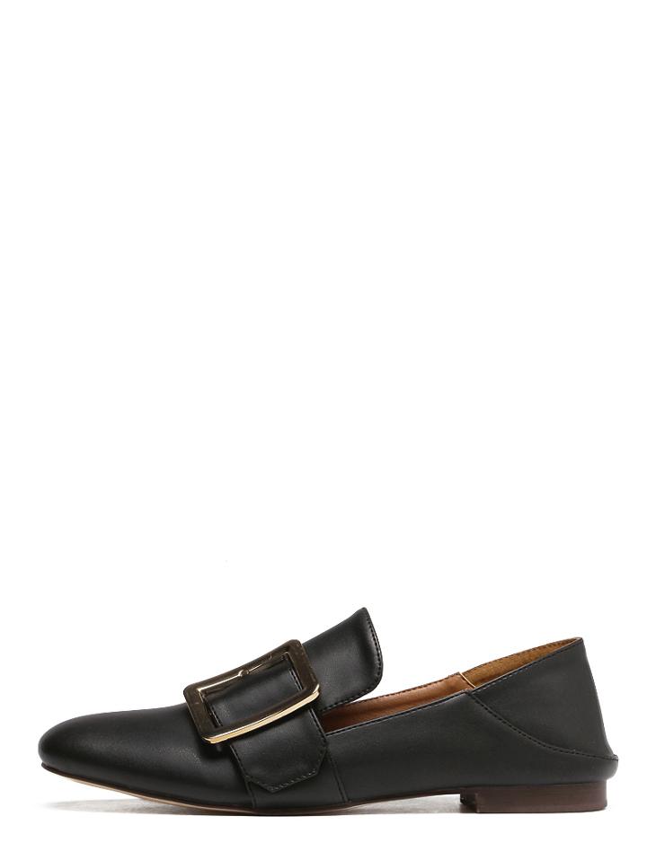 Romwe Black Almond Toe Buckle Chunky Flats
