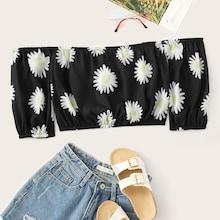 Romwe Daisy Print Off The Shoulder Blouse