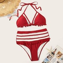 Romwe Pom Pom Trim Net Panel Top With High Waist Bikini
