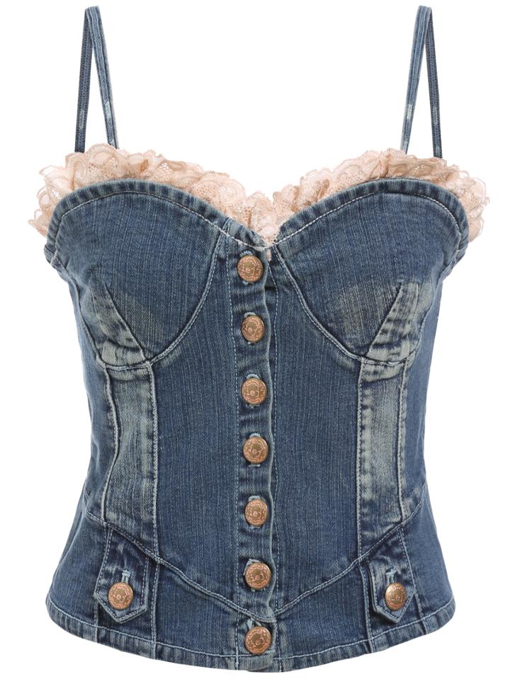 Romwe Spaghetti Strap Contrast Lace Buttons Denim Cami Top