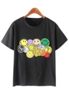 Romwe Black Smiley Face Embroidery T-shirt