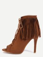 Romwe Peep Toe Lace-up Fringe Pumps - Light Tan
