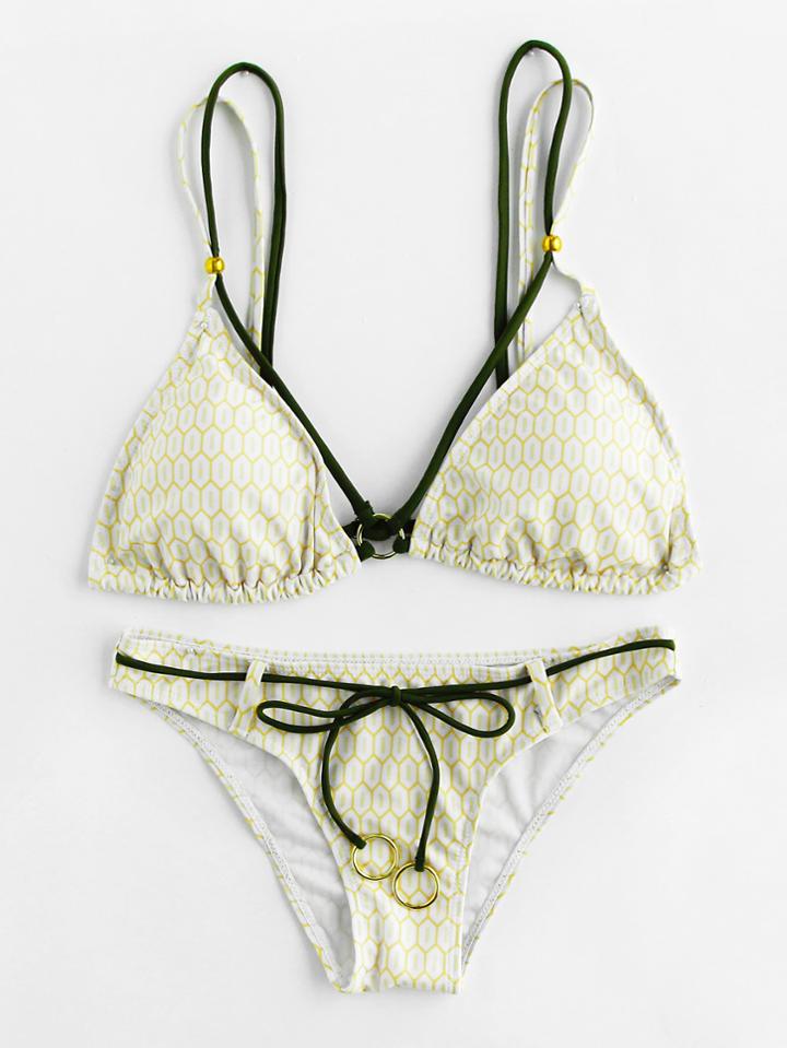 Romwe Graphic Print Ring Detail Tie Waist Triangle Bikini Set