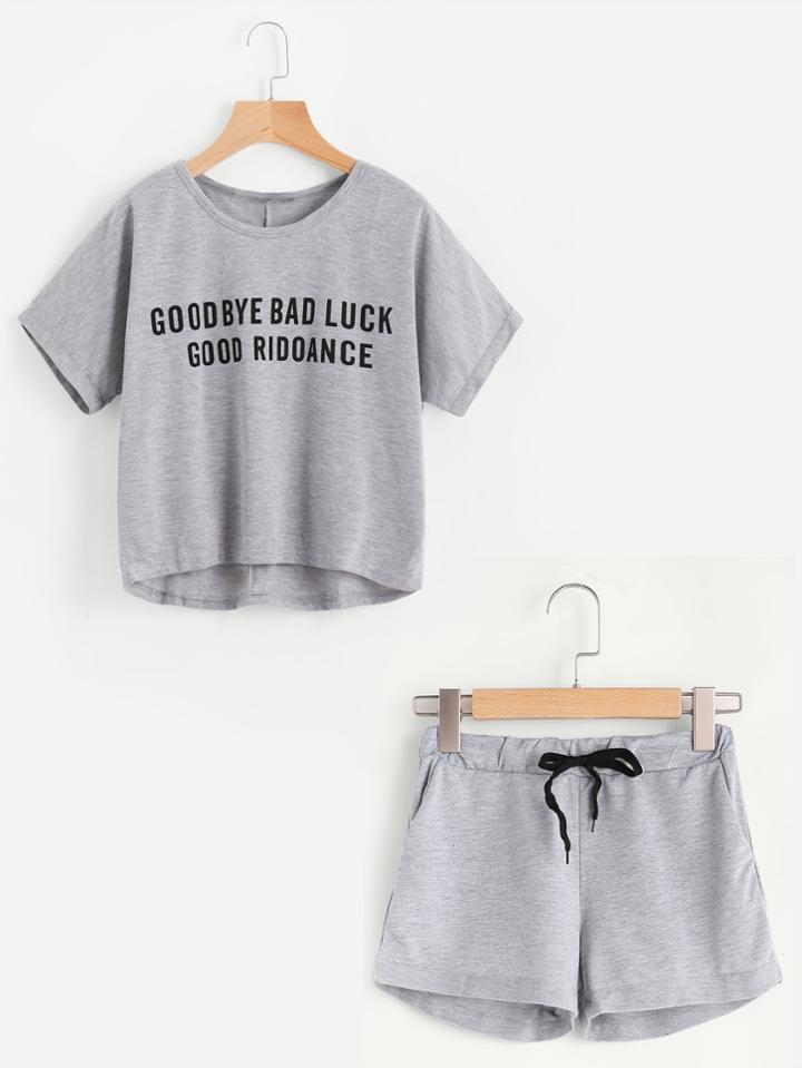 Romwe Slogan Print Slub Tee With Drawstring Waist Shorts