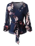 Romwe Floral Print Wrap Top With Self Tie