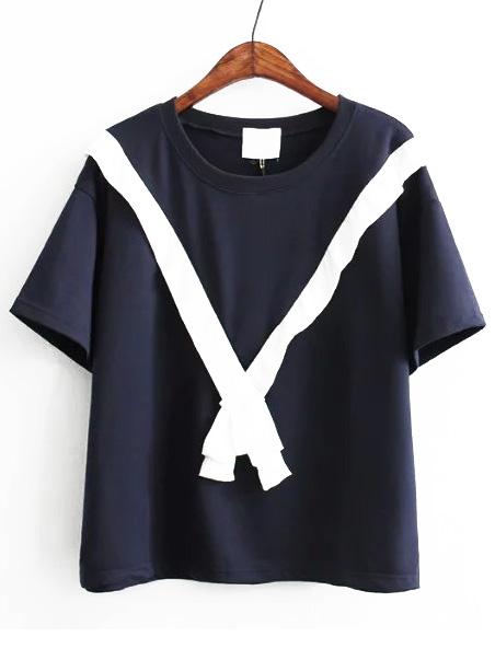 Romwe Contrast Tie Navy T-shirt