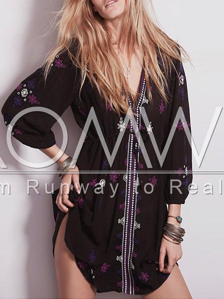 Romwe Black Long Sleeve V Neck Vintage Print Dress