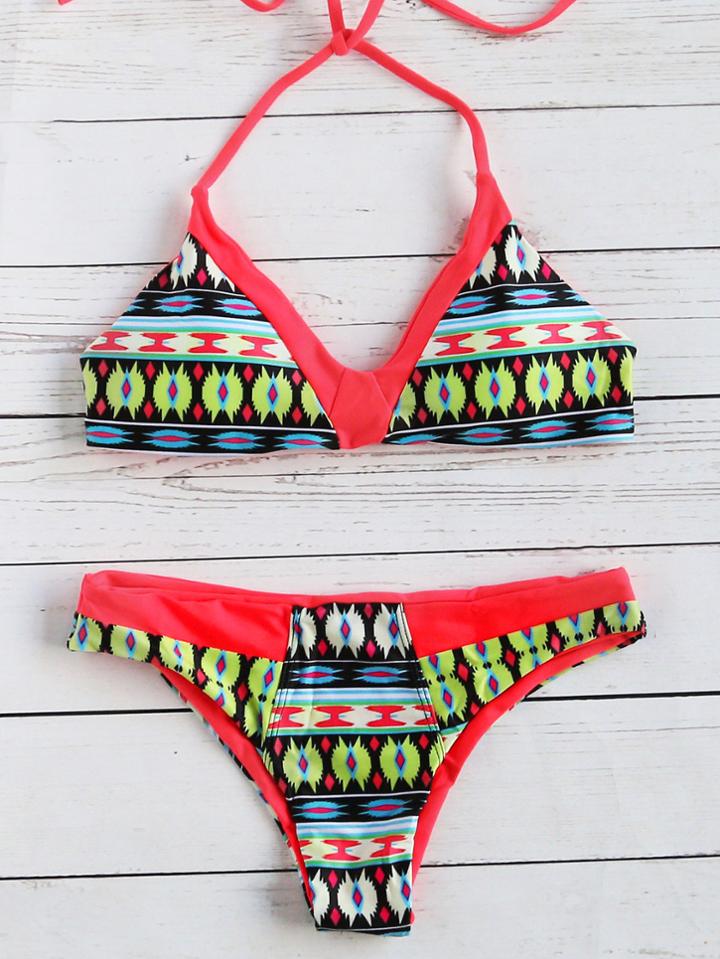 Romwe Red Printed Halter Sexy Bikini Set