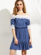 Romwe Blue Crochet Applique Off The Shoulder Ruffle Hem Dress
