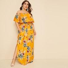 Romwe Plus Floral Print Drawstring Waist Off Shoulder Dress