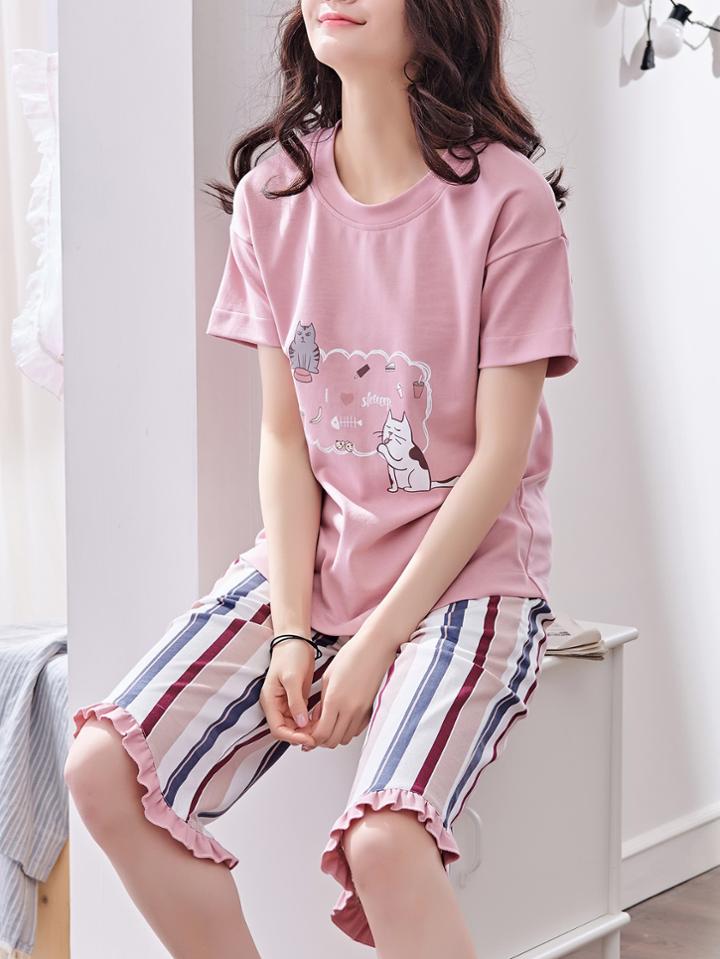 Romwe Cat Print Tee & Striped Pants Pj Set