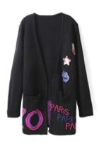 Romwe Letter & Badge Print Black Cardigan