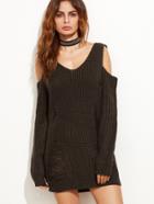Romwe Coffee Ripped Cold Shoulder Long Sweater