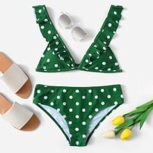 Romwe Polka Dot Ruffle Tie Back Bikini Set