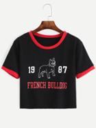 Romwe Black Bulldog Print Contrast Trim T-shirt