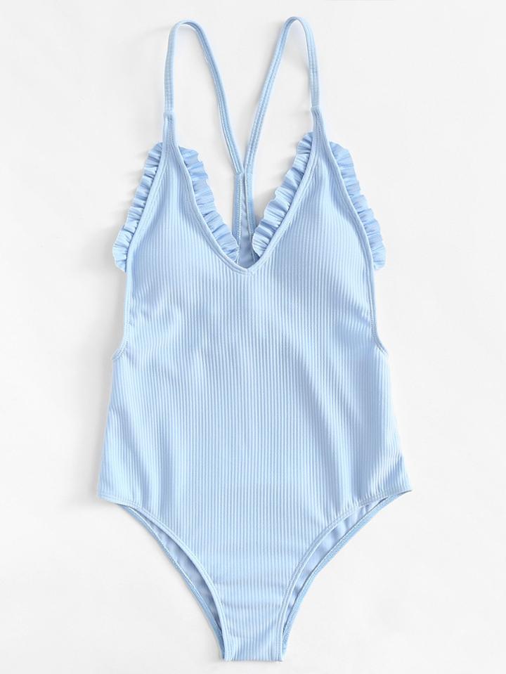 Romwe Frill Ribbed Swimsuit