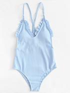 Romwe Frill Ribbed Swimsuit