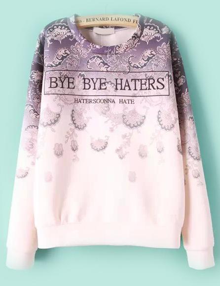 Romwe Letters Floral Print Ombre Sweatshirt