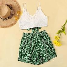 Romwe Ditsy Floral Lace Panel Tie Back Cami Top With Shorts