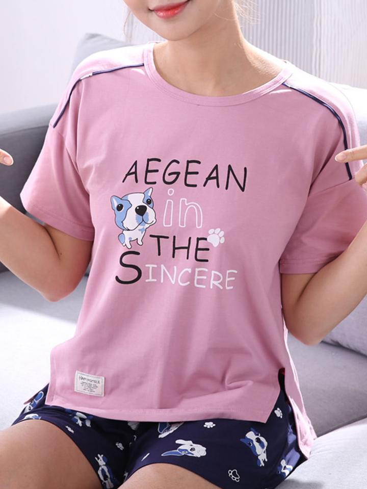 Romwe Dog Print Split Side Tee & Shorts Pj Set