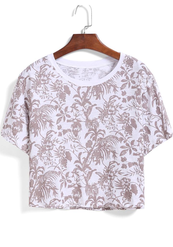 Romwe Brown Short Sleeve Floral Crop T-shirt
