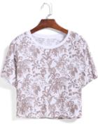 Romwe Brown Short Sleeve Floral Crop T-shirt