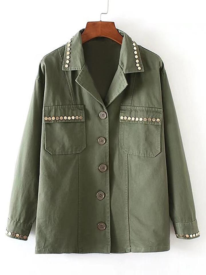 Romwe Studded Embellished Flap Pocket Coat