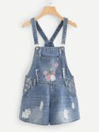 Romwe Floral Embroidered Ripped Denim Overalls