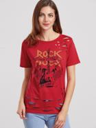 Romwe Dark Red Printed Ripped T-shirt